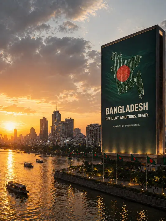 Bangladesh resilient ready skyline billboard at sunset