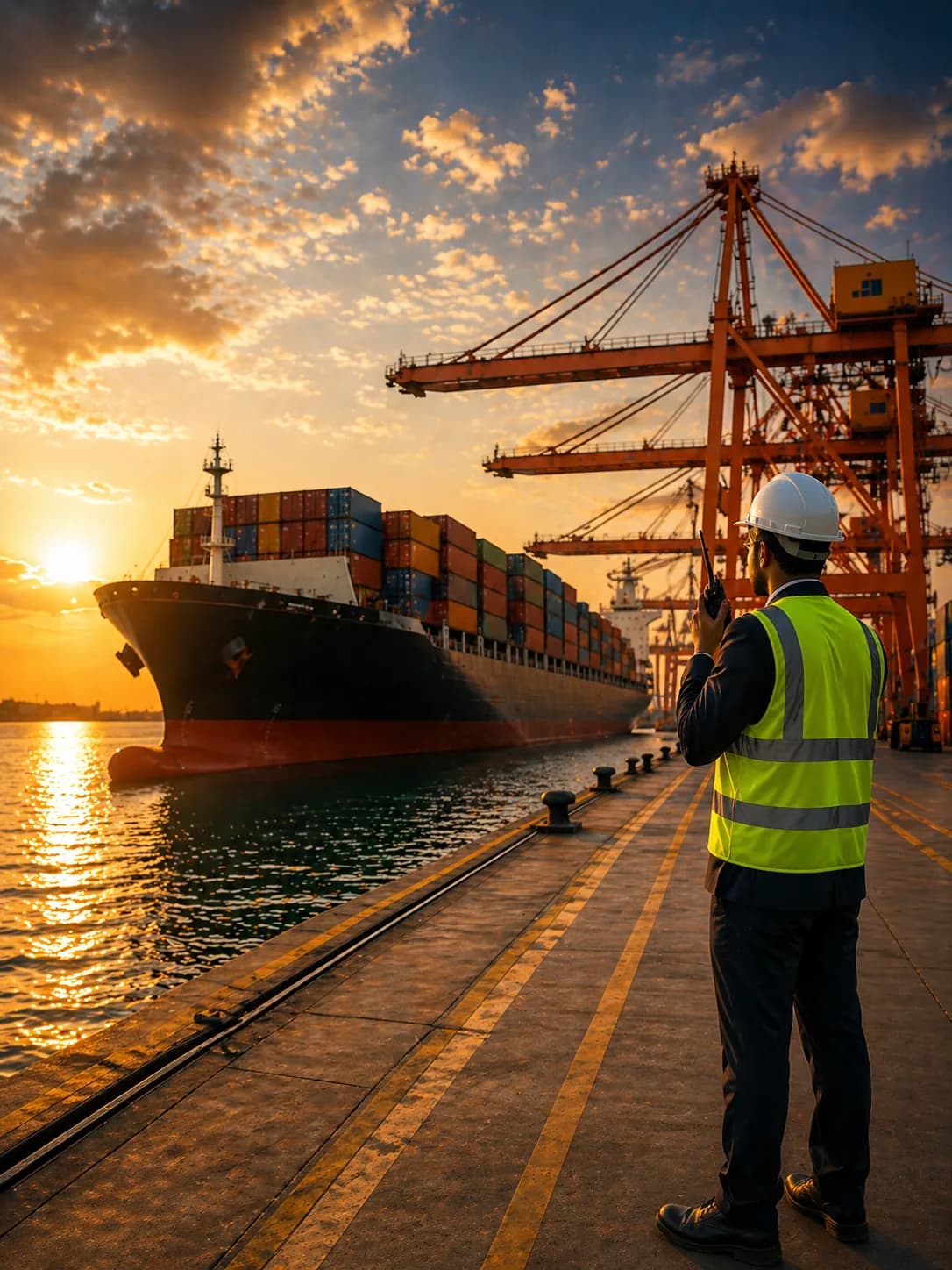 Port operator coordinating beside a container ship at sunset